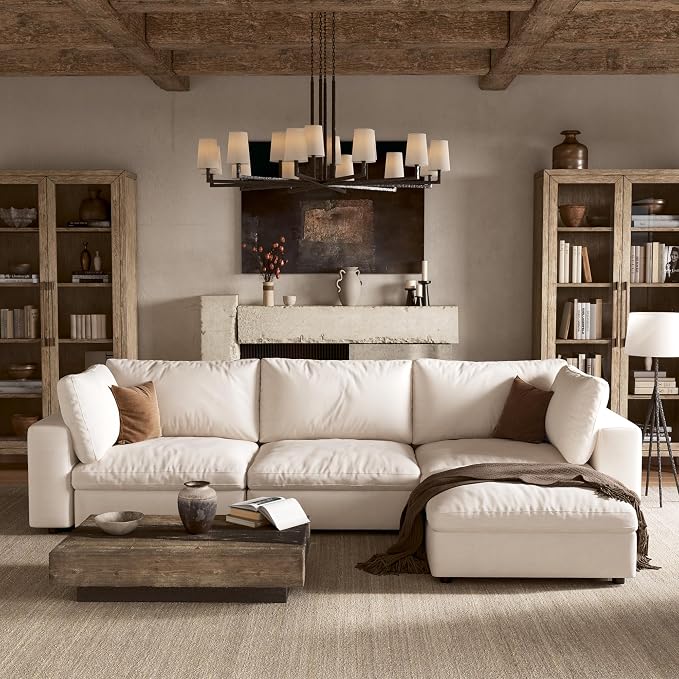 110'' Cloud Sectional Couch with Washable Cover, Oversized L-Shaped Sectional Couch with Throw Pillow and Storage Ottoman, Deep Seat Modular Sectional Sofa for Living Room, 3Seater, Off-White