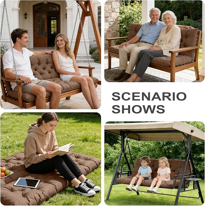 Porch Swing Cushions,Outdoor Cushions 3 Seater Replacement with Backrest, Waterproof Thickened Bench Cushion with Ties for Porch, Patio,Outdoor, Backyard and Garden (Coffee 40 * 40 in)