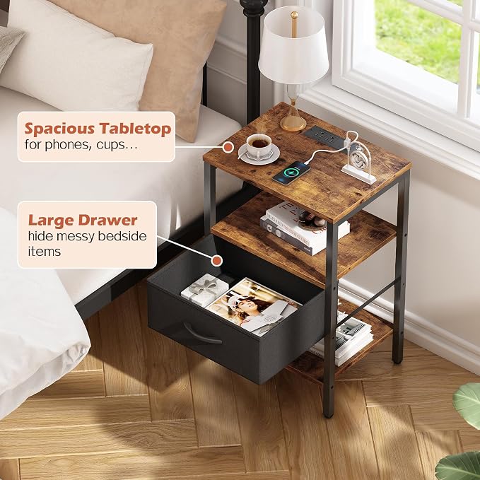 SUPERJARE Nightstand Set of 2 with Charging Station, USB-C Port, End Tables