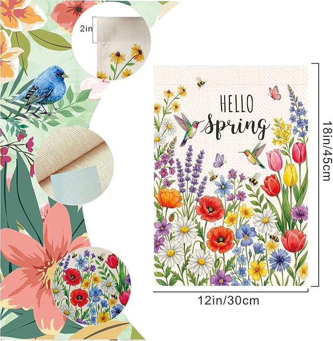 Spring Summer Floral Welcome Garden Flag Hello Spring Tulip Lavender Garden Flag 12x18 Inch Double Sided 12x18 Inch Double-Sided Linen Holiday Outdoor Yard Decorative Flag