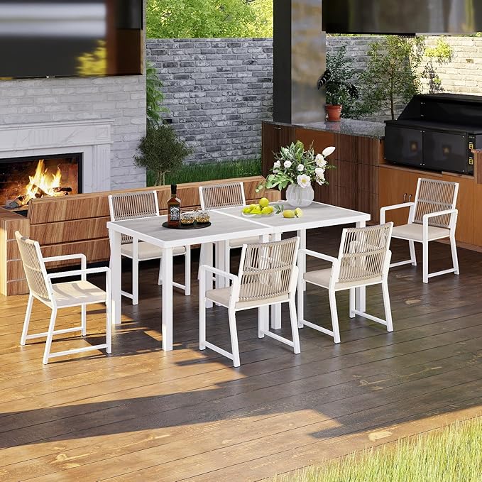 Outdoor Patio Wicker Rattan Dining Chairs, Heavy-Duty Wrought Iron Frame Supports 300lbs, Ergonomic Backrest, Detachable Breathable Cushion, for Garden & Porch, White, Set of 8