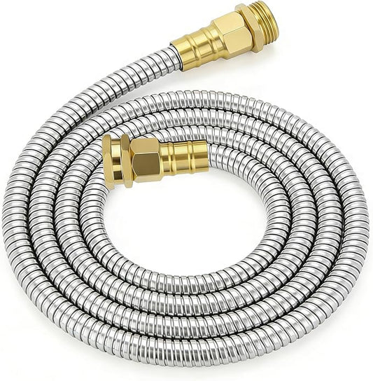 Short Stainless Steel Metal Garden Hose 10 ft, 3/4" Female to Male Solid Brass Connector, Small Leader Hose for Hose Reel, Durable, Flexible, Lightweight, Outdoor Water Hose Extension Adapter