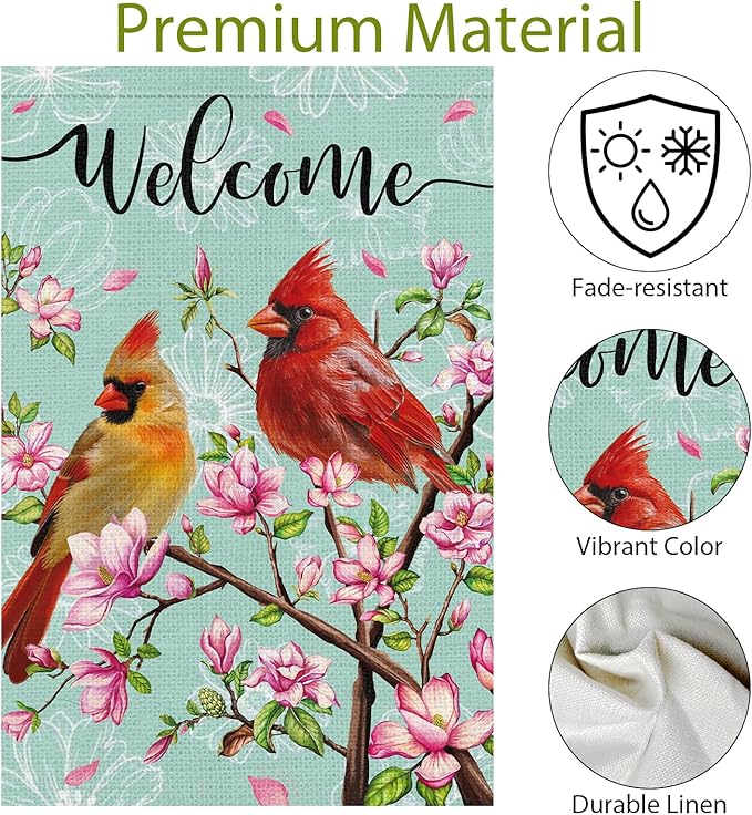 Cardinal Bird Welcome Spring Garden Flag, 12x18 Vertical Double Sided Burlap Tree Flower Spring Flag for Outside Farmhouse Yard Decorations