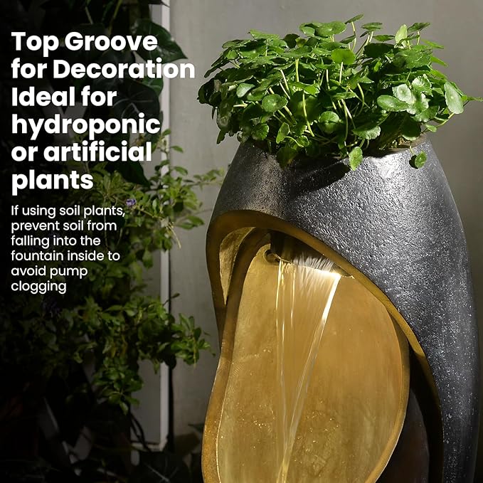 Tankana Waterfalll Water Fountain Outdoor Garden Patio Freestanding Fountains Water Feature with LED Lights, Planter Groove and Oval Cutout Design for Backyard Deck Porch Home Decor, Brown