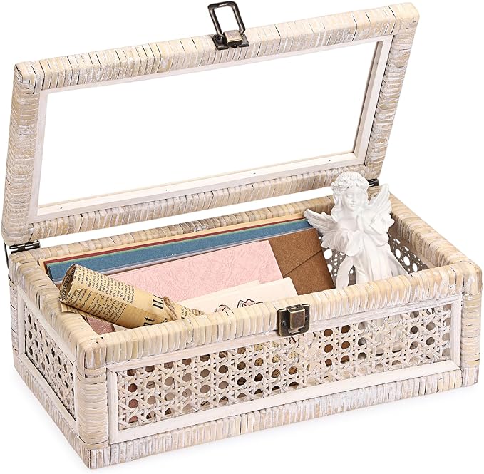Hipiwe Rattan Display Box with Clear Lid Decorative Storage Basket, Medium | Shelf Organizer Basket Bins with Glass Top Lid for Home Decor, Ideal for Dresser, Kitchen and Bathroom, 12.6" x 6.7" x 4.4"