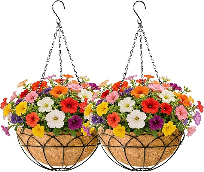 EIMQUVW 12 Inch Outdoor Patio Hanging Planters (Pack 2) Black Round Coconut Fiber Hanging Baskets with Chain and Hooks Metal Flower Pots Suitable for Balcony Railings Garden Pergolas