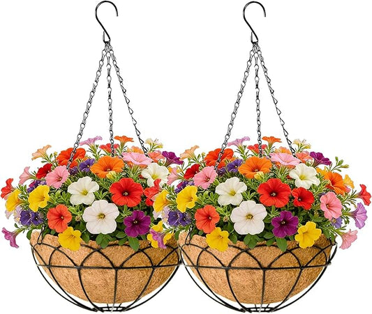 EIMQUVW 12 Inch Outdoor Patio Hanging Planters (Pack 2) Black Round Coconut Fiber Hanging Baskets with Chain and Hooks Metal Flower Pots Suitable for Balcony Railings Garden Pergolas