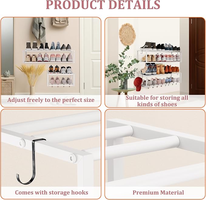 Expandable Wall Mounted Shoe Rack, 17"-31" Adjustable Hanging Shoe Rack Holds 8 Pairs, Heavy Duty Metal Shoe Holder with 2 Storage Hooks, Space Saving for Entryway Closet Doorway（White）