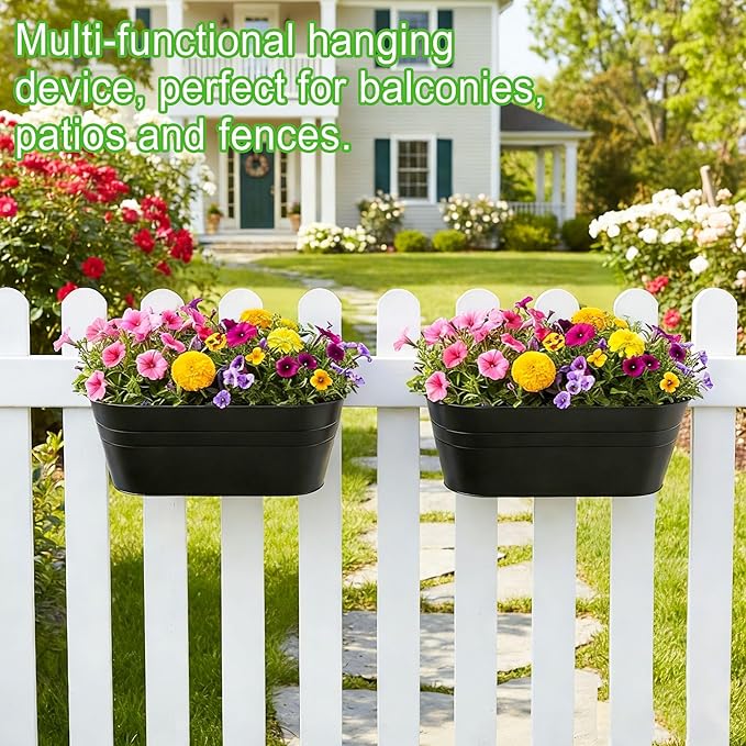 10.6 Inch 5 Pack Long Slot Wrought Iron Hanging Flower Pots Small Metal Hanging Flower Basket with Removable Hooks and Drainage Holes Suitable for Porch Railing Balcony Fence Garden (HS)
