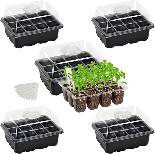 Bonviee 5-Pack Seed Starter Tray Seedling Kits,Plant Starter Kit with Adjustable Humidity Dome and Base Indoor Greenhouse Mini Propagator for Seeds Growing Starting (12 Cells per Tray,Black)