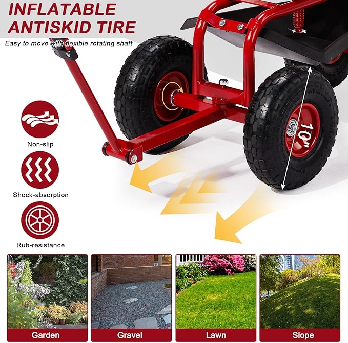 VINGLI Garden Cart with Rolling Seat, Wheels, Adjustable Steering Handle & Utility Tool Tray, Planting Wagon Scooter, Gardening Tool for Senior, for Patio, Backyard, Lawn & Outdoor (red)