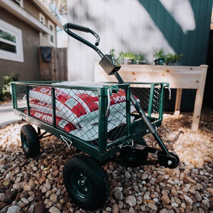 Backyard Expressions Heavy Duty Garden Cart 600 lb, 38" x 20" Steel Bed Utility Wagon with Removable Mesh Sides, Powder-Coated Frame, 10" Pneumatic Wheels, Pull Handle Yard/Lawn Hauler