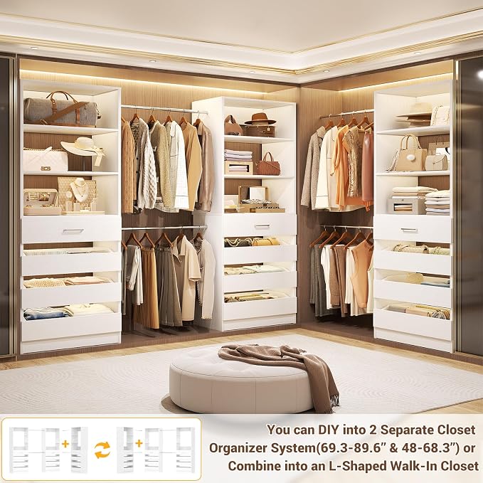 Aheaplus Closet System with 12 Drawers, 8.5-11.5Ft Wood Closet Organizer