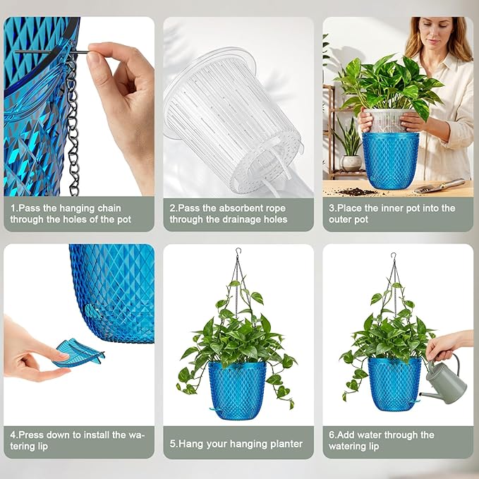 QCQHDU Self Watering Hanging Pots, 2-Pack 7.2 Inch Hanging Planters for Indoor Plants, Plastic Plant Hanger with Drainage Holes and 3 Hooks Chains for Garden Home (Klein Blue)