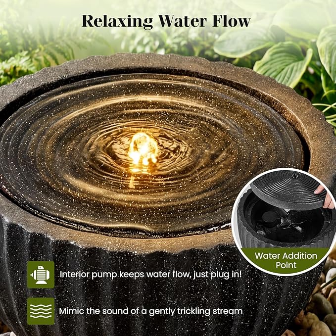 Giantex 18" Round Outdoor Water Fountain with 6 LED Lights, Stone Gray Resin Sphere Waterfall Feature with Adjustable Pump, Lighted Bubbling Fountain for Garden Patio Porch Decor (17.5" Dia. x 14" H)