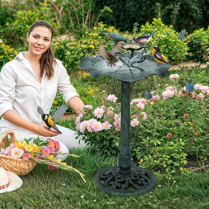Athena Collection 35'' Height Bird Bath Vintage Pedestal Birdbath 5L Water Bird Fountain Polypropylene Lotus Accents Bird Bath Bowl Outdoor Decor 2 Tier Birdbath for Outside, Patio, Garden, Green