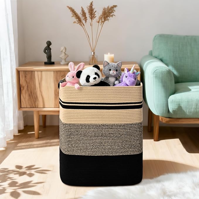 Laundry Hamper, 105L Tall Laundry Basket with Leather Handles, Rectangle Large Clothes Hamper for Organizing, Cotton Woven Laundry Baskets Storage Hampers for Bedroom, Nursery, Living Room