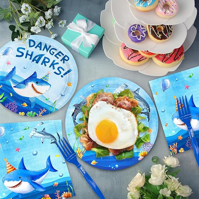 48Pcs Shark Birthday Decorations Plates Napkins and Forks,Shark Birthday Party Under The Sea Party Decorations Baby Shower Set for 16 Guests