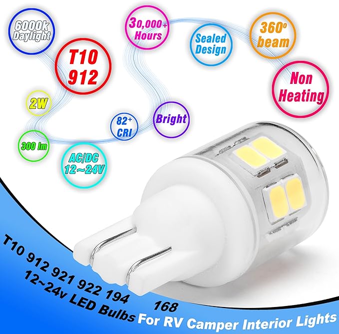Heifymi T10 T5 921 912 168 194 RV Interior Light Bulbs 2W 6000K Daylight White AC/DC 12V-24V Replacement for Camper Trailer Motorhome Marine Boat Dome Lights Outdoor Landscape Path Lighting, 3 Pack