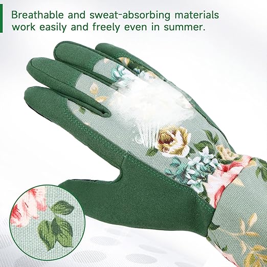 WANCHI Gardening Gloves for Women, Comfortable Floral Long Sleeve Garden Gloves for Gardening and Outdoor Work, Durable Leather Long Gardening Gloves, Great Gift Ideas for Ladies, Green Print (Large)