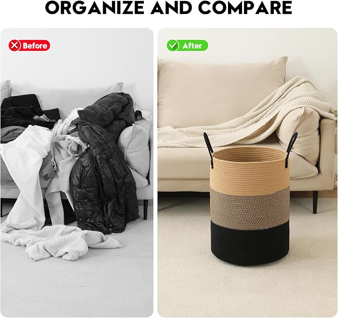 Laundry Basket Hamper Tall Rope Storage Woven for Blanket toys Dirty Clothes in Living Room Bathroom Bedroom (Jute Brown & Black, 100L/26.4Gal)