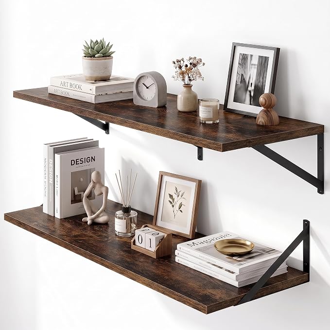 Dreamland Wall Mounted Floating Shelves Set of 2, 36x12, Rustic Brown