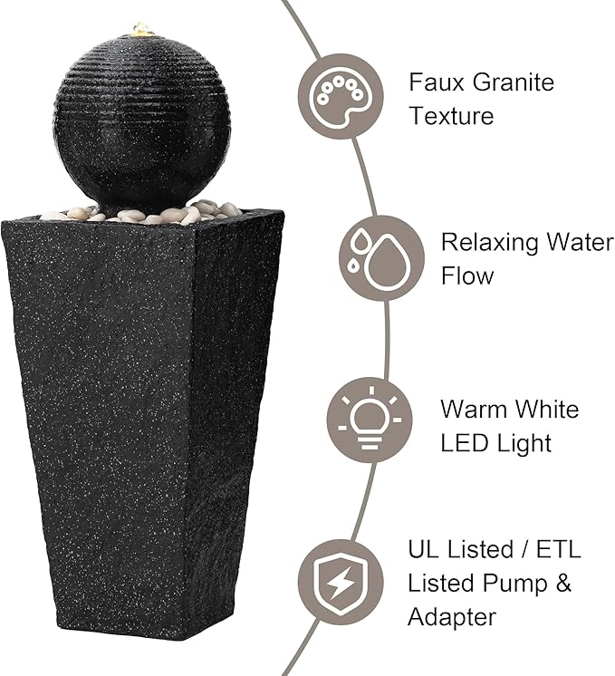 Glitzhome Outdoor Water Fountain, 31.75"H Modern Geometric Pedestal and Sphere Polyresin Waterfall Fountain, Outdoor Fountain with Pebbles, Pump and LED Light for Patio, Backyard, Garden, Deck(Black)