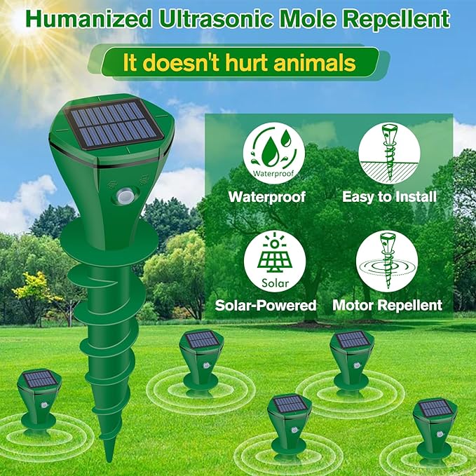 Mole Repellent Solar Powered, 2 Pack Ultrasonic Gopher Repeller IP65 Waterproof for Lawn Garden Yard, Sonic Vole Repellent Mole Killer Outdoor Get Rid of Snake Groundhog Chipmunk Squirrels-Dark Green