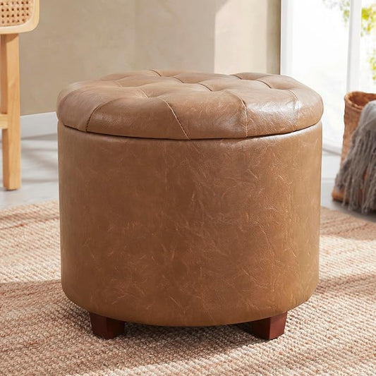 Ornavo Home 18" Round Storage Ottoman with Lid, Holds 300 lbs, Mocha