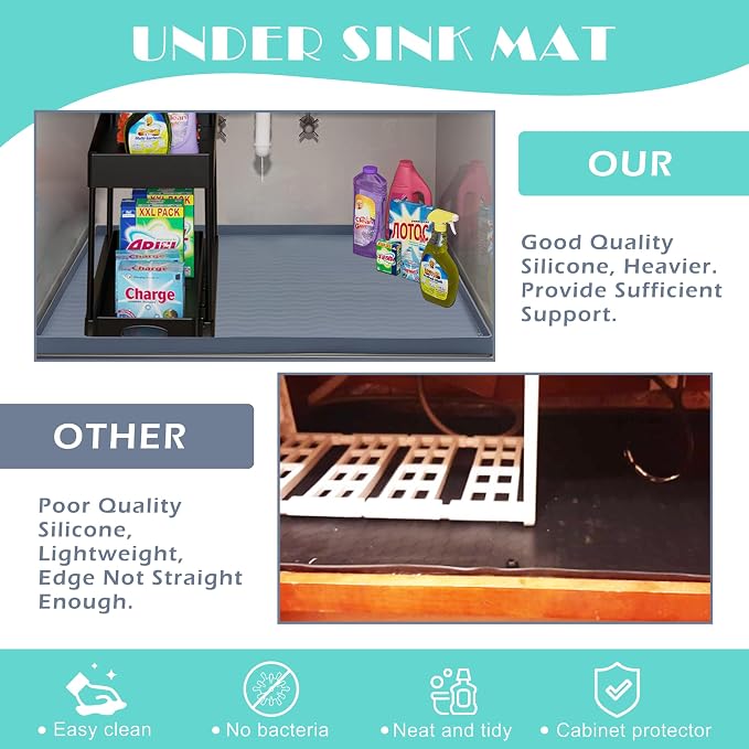 URMONA Waterproof Silicone Under Sink Mat 28'' x 22'' Shelf Liner for Kitchen and Bathroom, Cabinet and Counter Protector, Storage and Organizers, Litter Mat, Pet Cat Puppy Essentials(Brown)