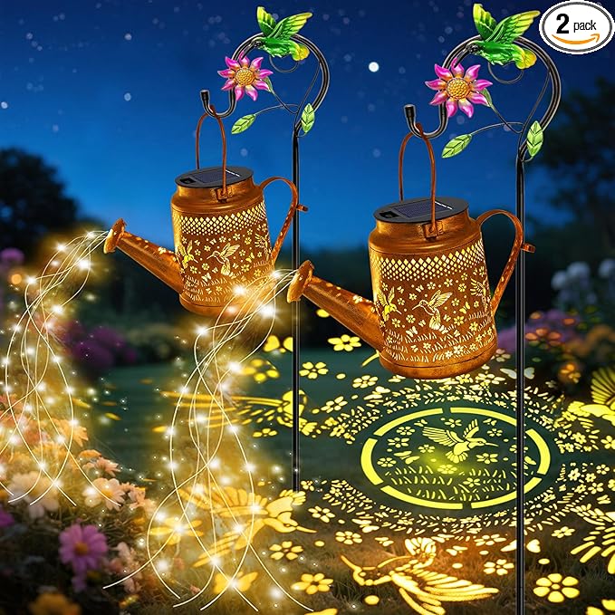 VOOKRY 2 Pack Hummingbird Metal Solar Watering Can Lights, Solar Lights Outdoor Waterproof, Gifts for Women Mom Mother's Day, Hanging Lanterns Decorative Garden Decor for Outside Yard Patio Lawn