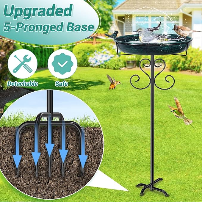 Metal Bird Bath for Outdoors, Vintage Freestanding Birdbaths with Bird Statue 12" Detachable Birdfeeder Bowl with 5- Pronged Base for Outside Garden Patio Yard Lawn Decor (Vintage Green)