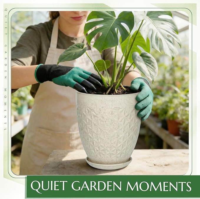 9.5 Inch Flower Pots for Indoor Plants,Ceramic Planter with Saucer Drainage Leak-Proof Mesh Gardening Gloves(Silk-White)