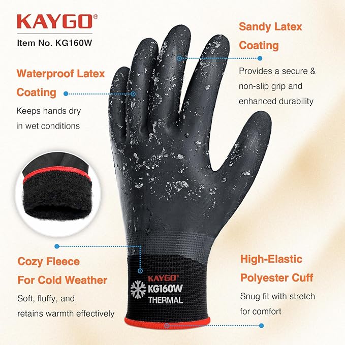 KAYGO Winter Waterproof Work Gloves for Men and Women, Thermal Insulated Freezer Rubber Coated Gloves,Super Grip,KG160 (Small,Black)