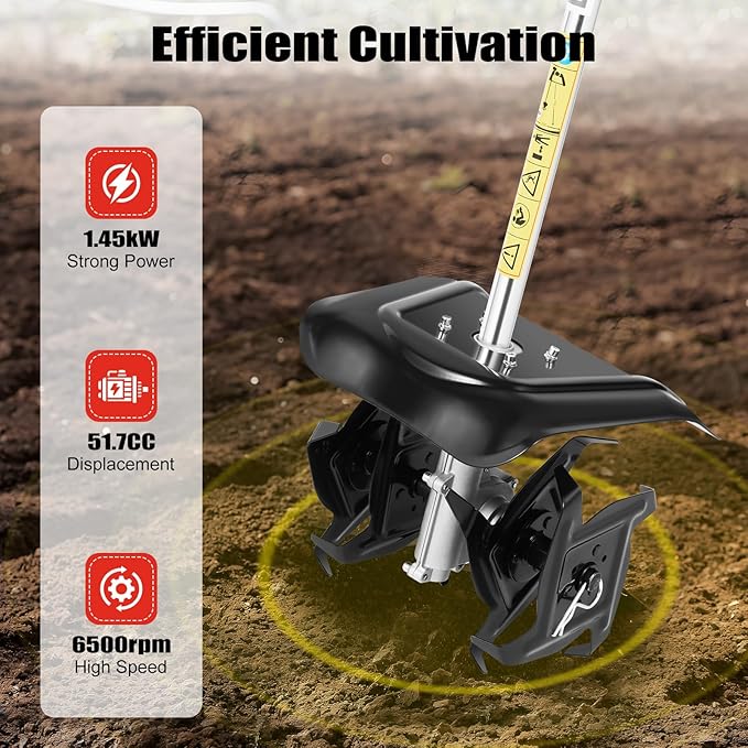 2 Stroke Tiller Cultivator, 51.7CC 6500RPM Garden Mini Tiller Rototiller Gas Powered Rotary Cultivator Handheld Single-Cylinder Rototiller Garden Tool with 1.1L Fuel Tank for Farm Loose Soil Weeding