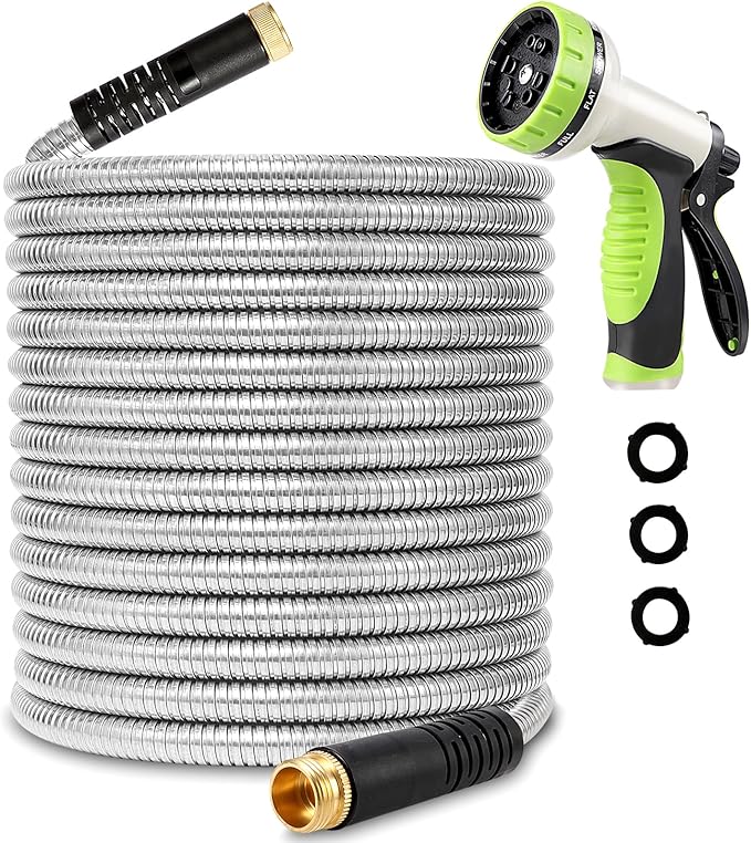 Flexible Metal Garden Hose 75ft-Heavy Duty Water Hose with Durable 304 Stainless Steel and 10 Way Spray Nozzle-Strong 3/4'' Solid Brass Fittings-Outdoor Yard No Kink Lightweight Long Hose Pipe