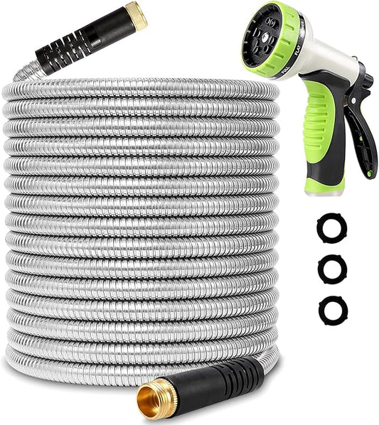 Flexible Metal Garden Hose 75ft-Heavy Duty Water Hose with Durable 304 Stainless Steel and 10 Way Spray Nozzle-Strong 3/4'' Solid Brass Fittings-Outdoor Yard No Kink Lightweight Long Hose Pipe