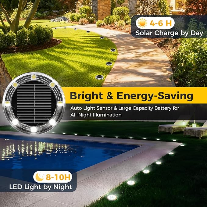 16 Pack Solar Ground Lights Outdoor, 8 LED Mini Flat Solar Disk Lights, IP65 Waterproof Anti-Rust Disc Light, Landscape Lighting for Garden Pathway Yard Walkway Driveway Lawn,Cool White