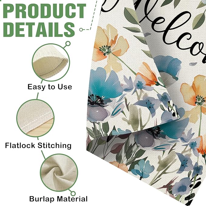 Dyrenson Welcome Spring Summer Floral Theme Decorative Garden Flag, Watercolor Poppy Flower Botanical Yard Outside Home Decoration, Seasonal Burlap Outdoor Small Decor Double Sided 12 x 18