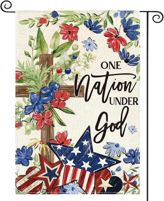 AVOIN colorlife Memorial Day Patriotic 4th of July Garden Flag 12x18 Inch Double Sided Outside, Flowers Cross Yard Outdoor Decoration