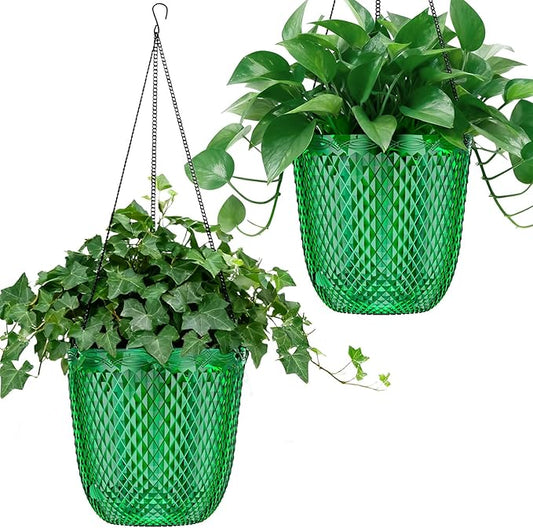 QCQHDU Self Watering Hanging Pots, 2 Pack 5.7 Inch Hanging Planters for Plants Indoor, Flower Pots with Drainage Holes and 3 Hooks Chains for Garden Home (Emerald)