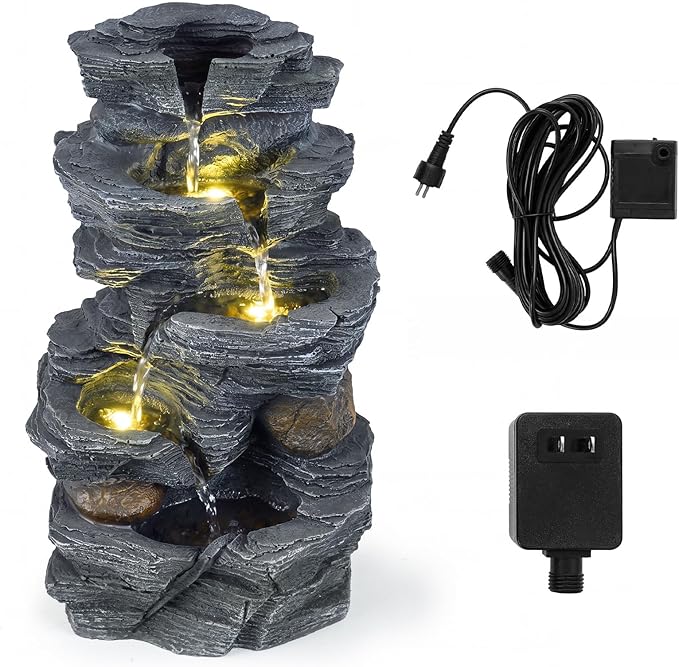 Giantex 5-Tier Water Fountain Outdoor, 18 Inch Cascading Stacked Stone Waterfall Fountain with Lights & Pump, Outside Zen Water Feature for Patio, Balcony, Deck, Garden, Yard Decor