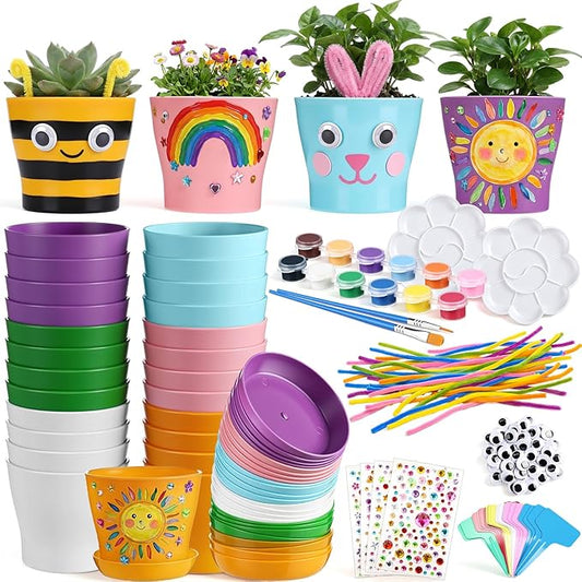 24 Set Garden Plastic Paintable Flower Pot Craft Kit 4" Starter Pots DIY Painting Party Supplies Acrylic Paint Strips Gardening Kit for Planting Crafts Birthday Spring Gift (Round)