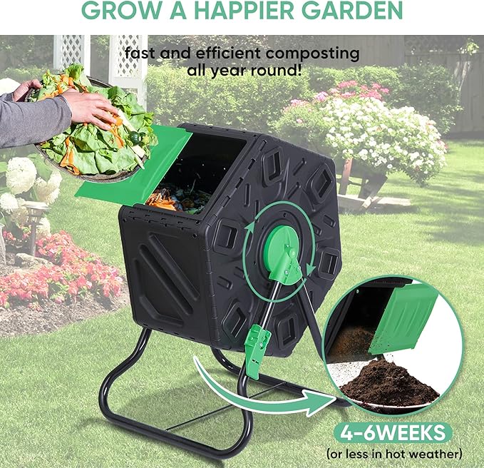 SUPER DEAL 18.5 Gallon Outdoor Compost Bin, Garden Tumbling Composter, Steel Frame BPA Free Material for Fast Creation of Fertile Soil, Easy to Assemble, Black