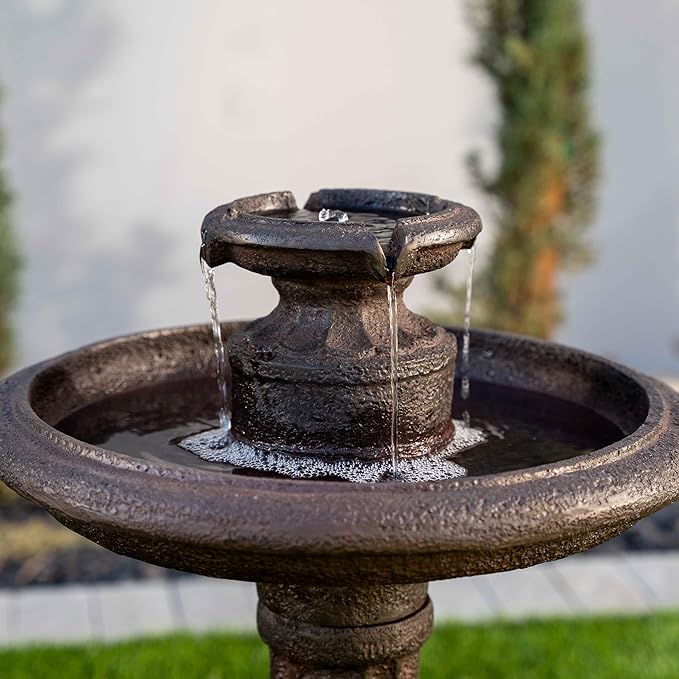 XBrand 28" Solar Powered Outdoor Bird Bath Water Fountain, Resin Fountain with Solar Panel, Brown