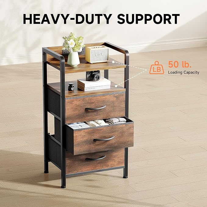 Lazzanto Nightstand with Rear Charging Station, LED Light, 3 Drawers, Brown