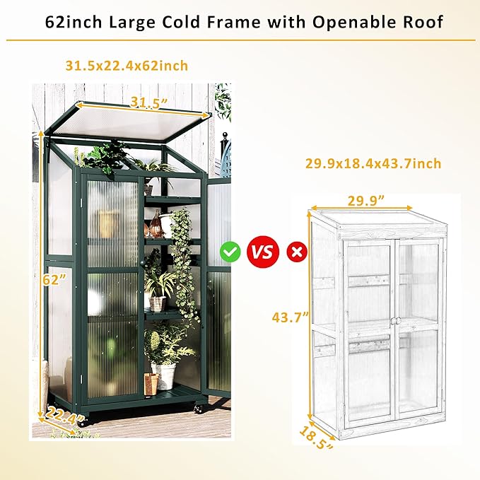 Mini 4-Tier Greenhouse with Locking Wheels, 62 Inch Height Portable Wooden Green House Cold Frame with Adjustable Shelves and Vent, Small Garden House for Outdoor Indoor, Forest Green
