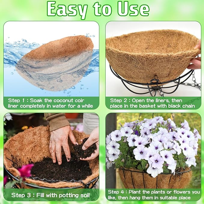 ZeeDix Outdoor Hanging Baskets, 2 Pack 12 Inch Metal Round Wire Hanging Planter with Coconut Liners Replacement, Hanging Flower Pots for Outdoor Plants Flowers