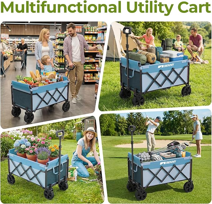 Collapsible Wagon Cart, Lightweight Portable Foldable Wagon with Wheels, 220lbs Utility Cart for Grocery, Light Camping, Sports, Easy to Fold & Store (Blue)