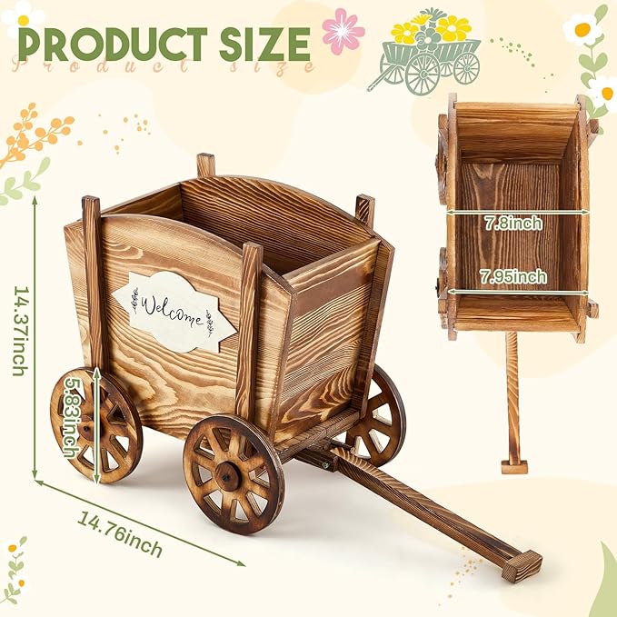 Beeveer Wooden Wagon Planter with Wheels Wagon Flower Planter Wooden Wheelbarrow Decorative for Herbs Vegetables for Indoor Outdoor Decor, Flower Cart for Patio Garden Balcony